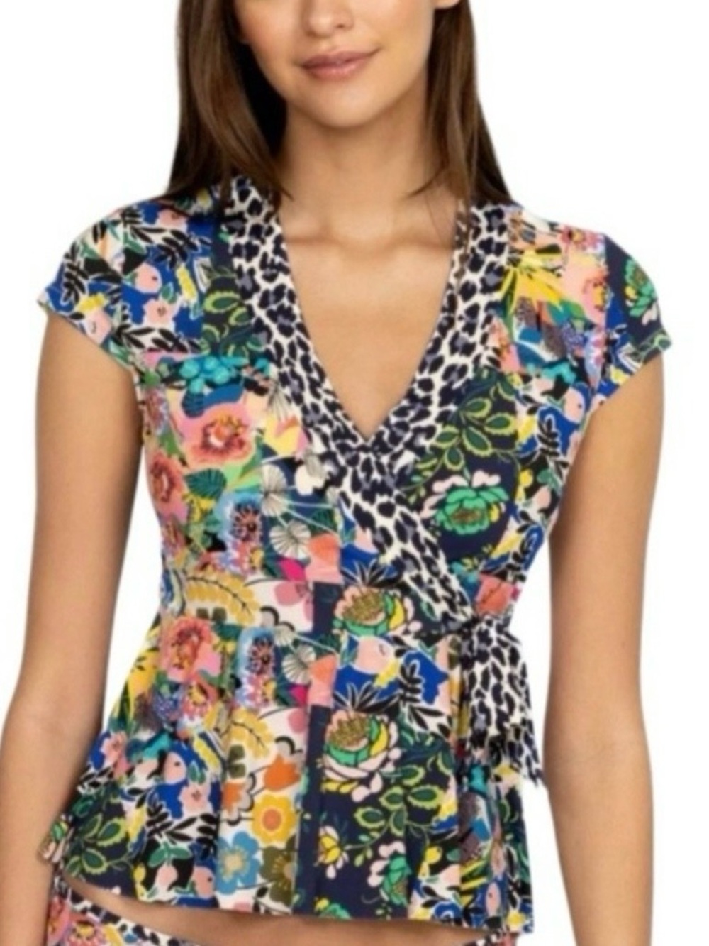 Johnny Was swim Tankini top S wrap style Built in support Mixed pattern EUC
